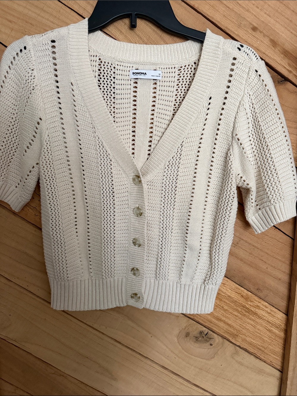 Sonoma Cream Open-Knit V-Neck Button Short-Sleeve Cardigan